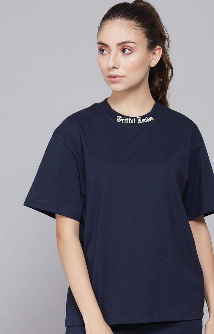Women's Placement Print Regular fit Navy T-shirt