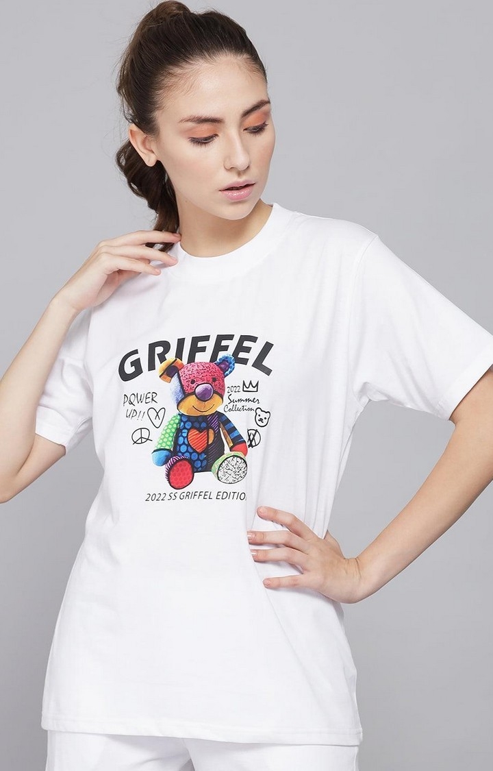 GRIFFEL | Women's White Printed Regular T-Shirts