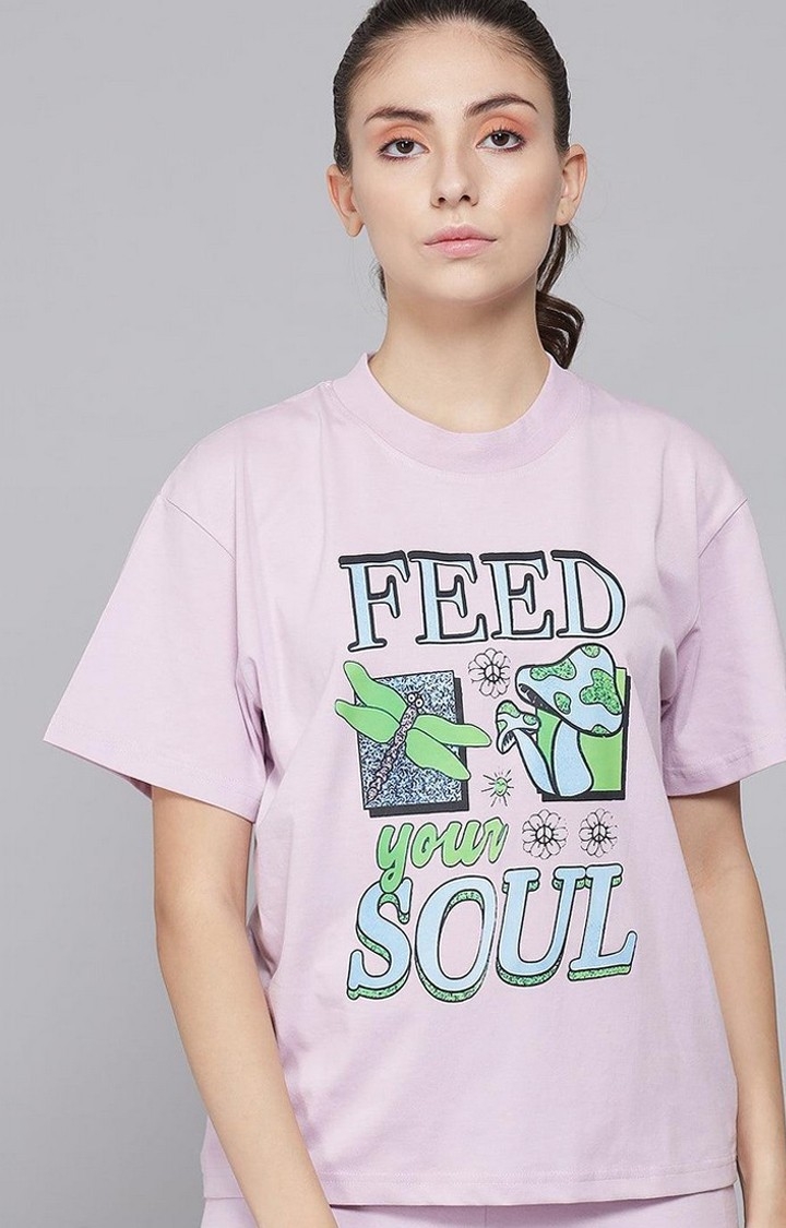 GRIFFEL | Women's Printed Regular fit Light Purple T-shirt