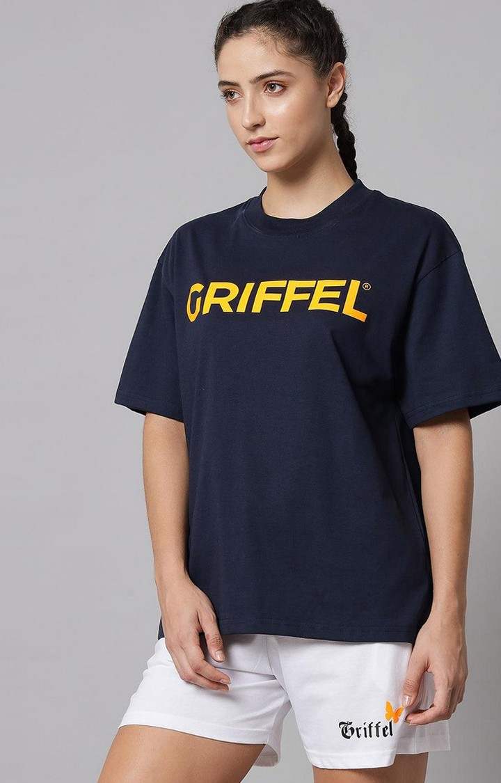Women's Navy Blue Typographic Oversized T-Shirts