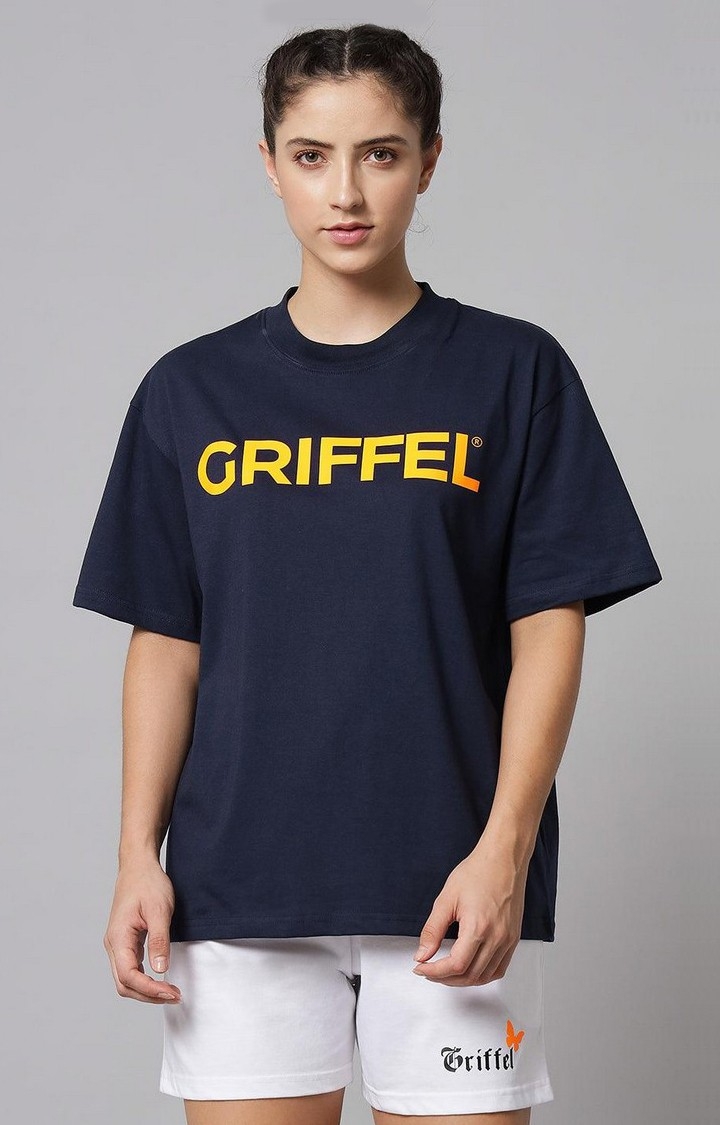 GRIFFEL | Women's Navy Blue Typographic Oversized T-Shirts