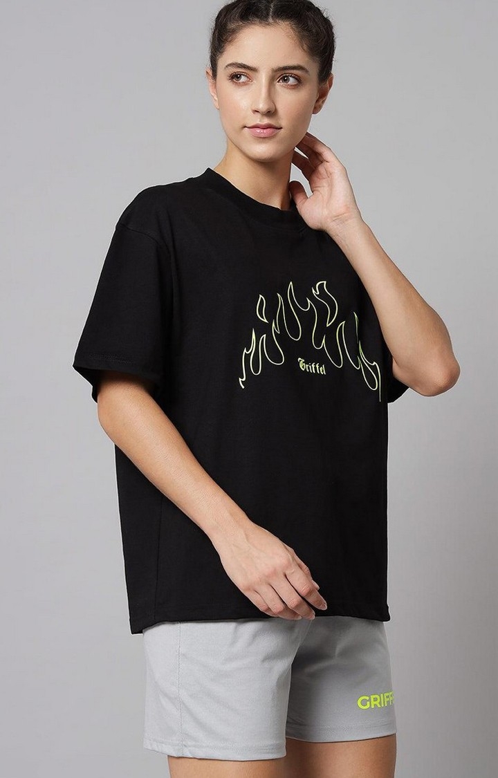 Women's Black Printed Oversized T-Shirts