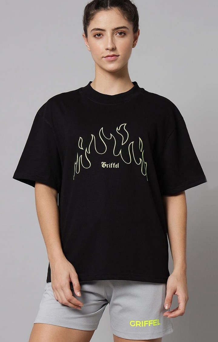 GRIFFEL | Women's Fire Print Loose fit Black T-shirt