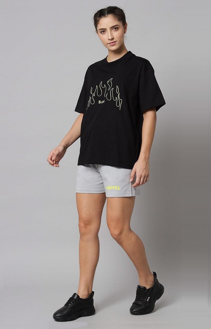 Women's Black Printed Oversized T-Shirts