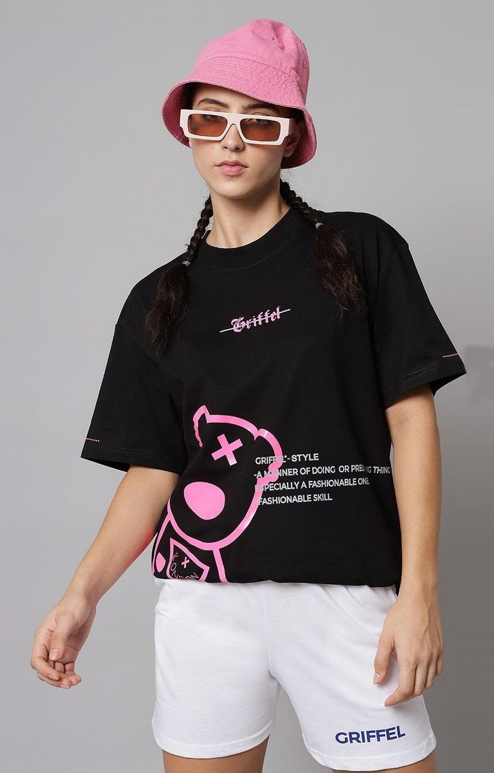Women's Teddy Print Loose fit Black T-shirt
