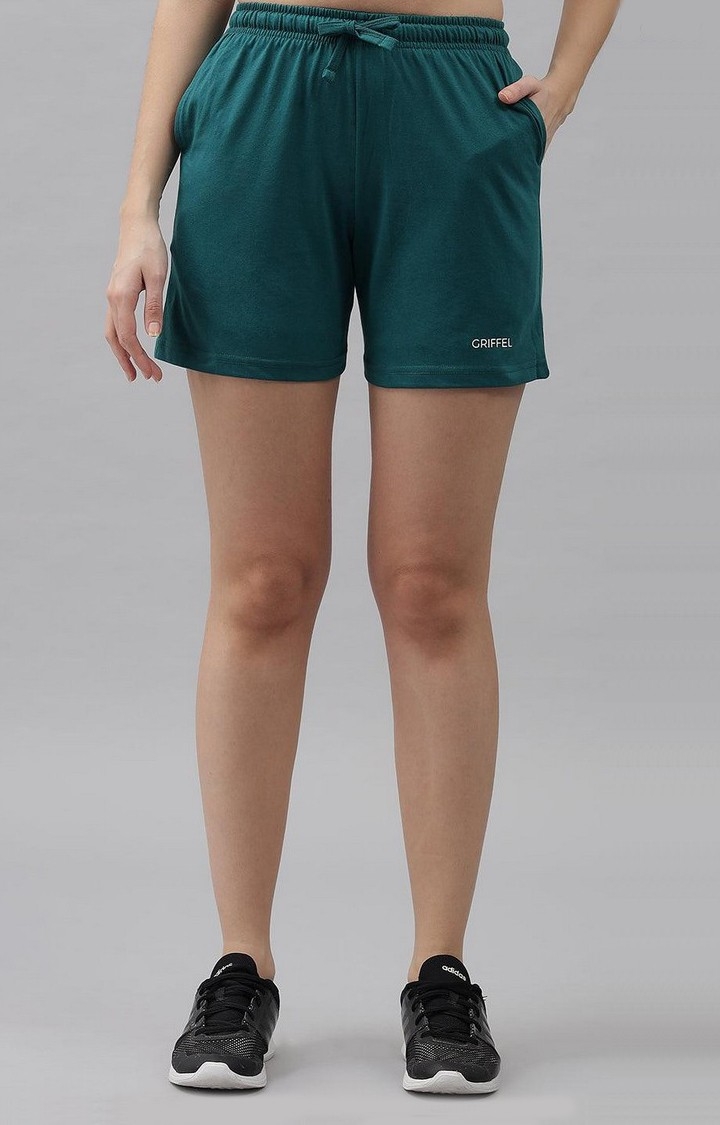 GRIFFEL | Women's Green Cotton Solid Shorts