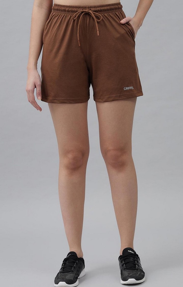 GRIFFEL | Women's Brown Cotton Solid Shorts