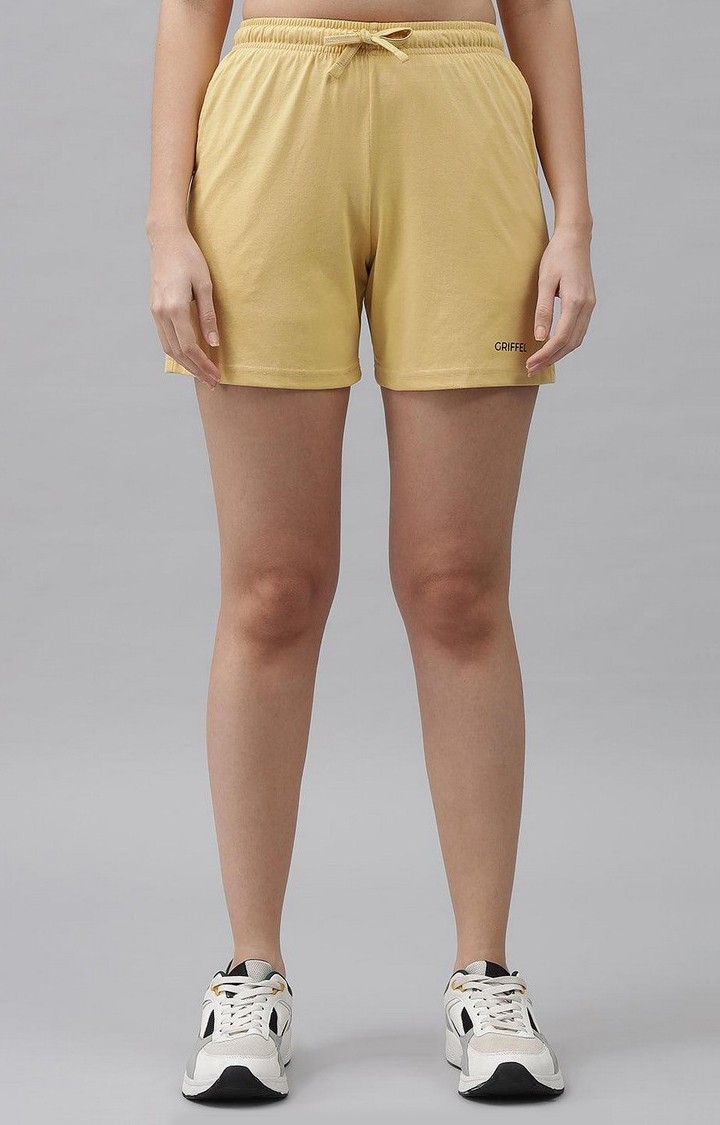GRIFFEL | Women's Yellow Cotton Solid Shorts