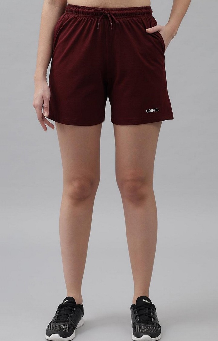 Women's Red Cotton Solid Shorts