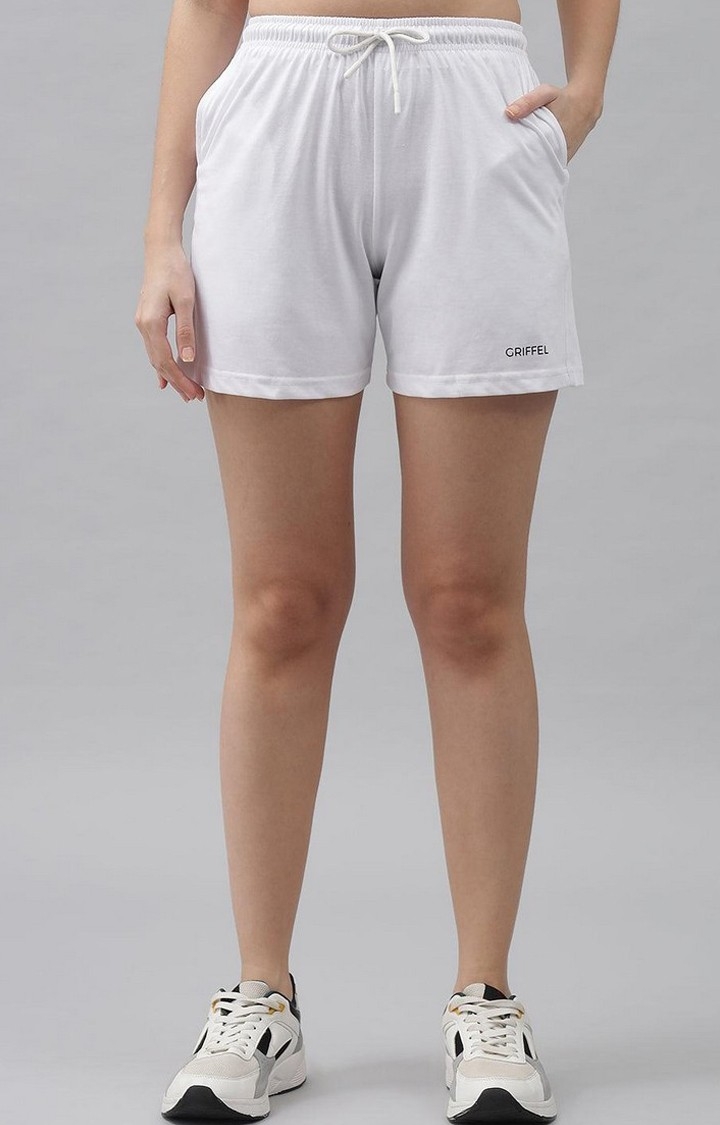 Women's White Cotton Solid Shorts