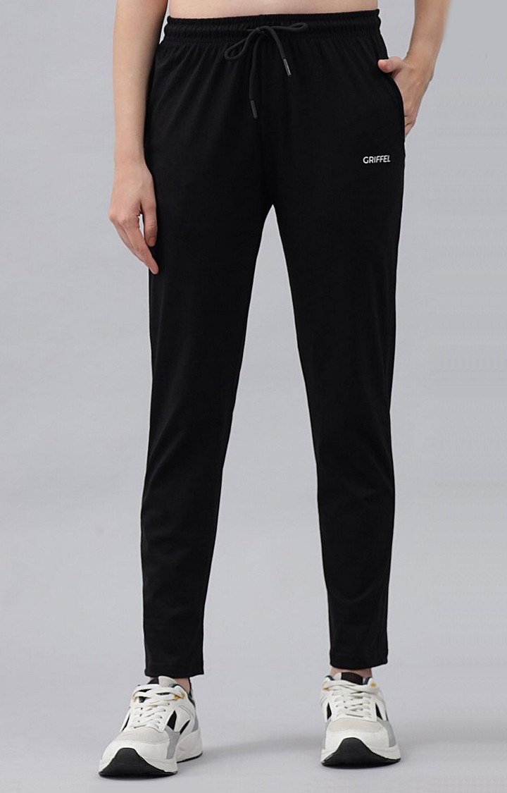 GRIFFEL | Women's Black Cotton Solid Trackpants
