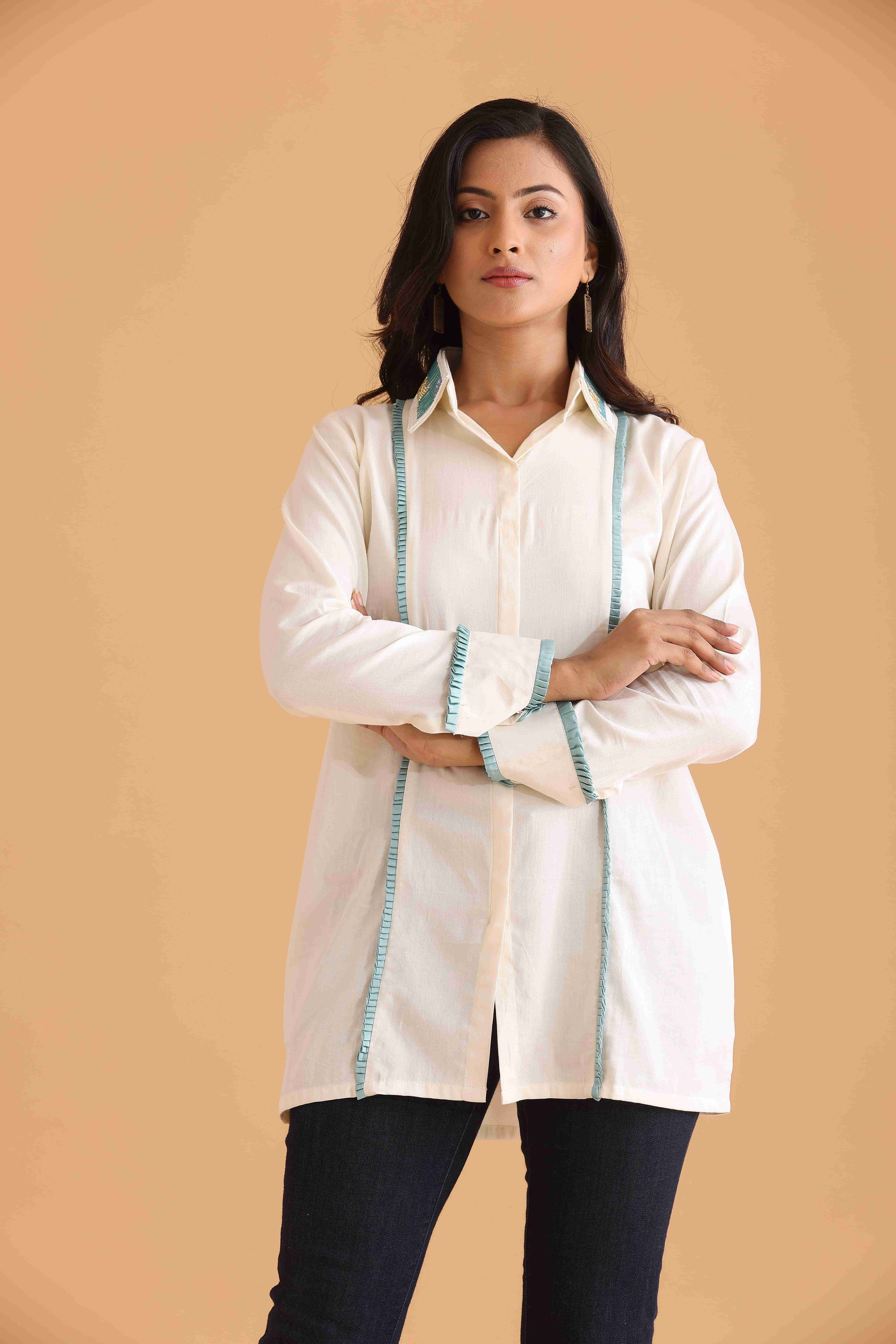 Ivory Full Sleeve shirt with Blue Pleated Detailing