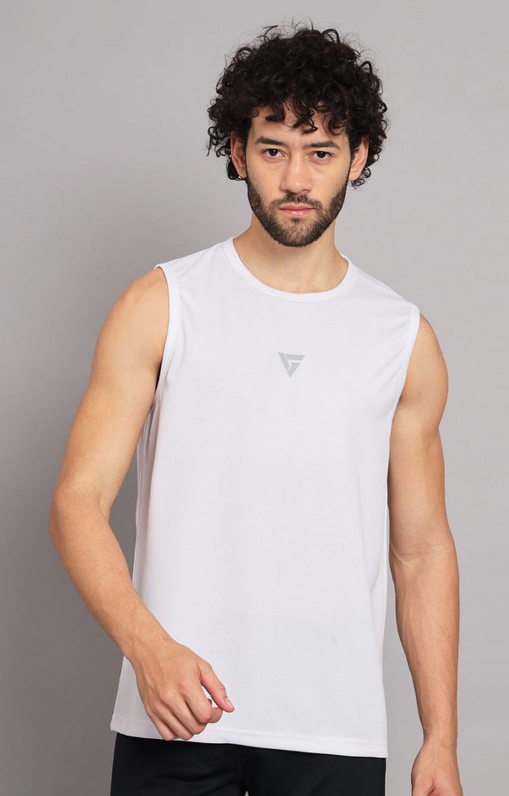 Men's Polyester White Active Wear Vests