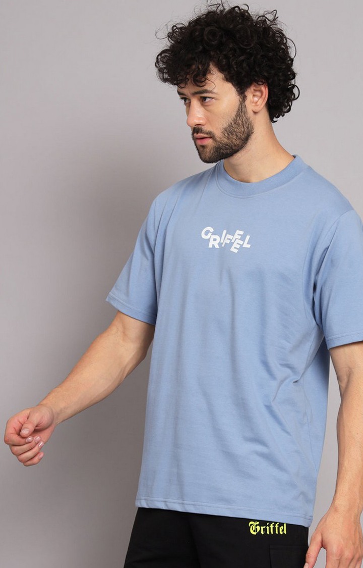 Men's Sky Blue Typographic Oversized T-Shirts