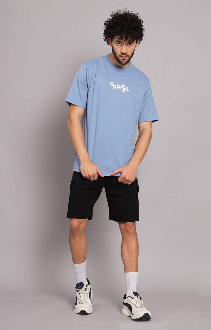 Men's Sky Blue Typographic Oversized T-Shirts