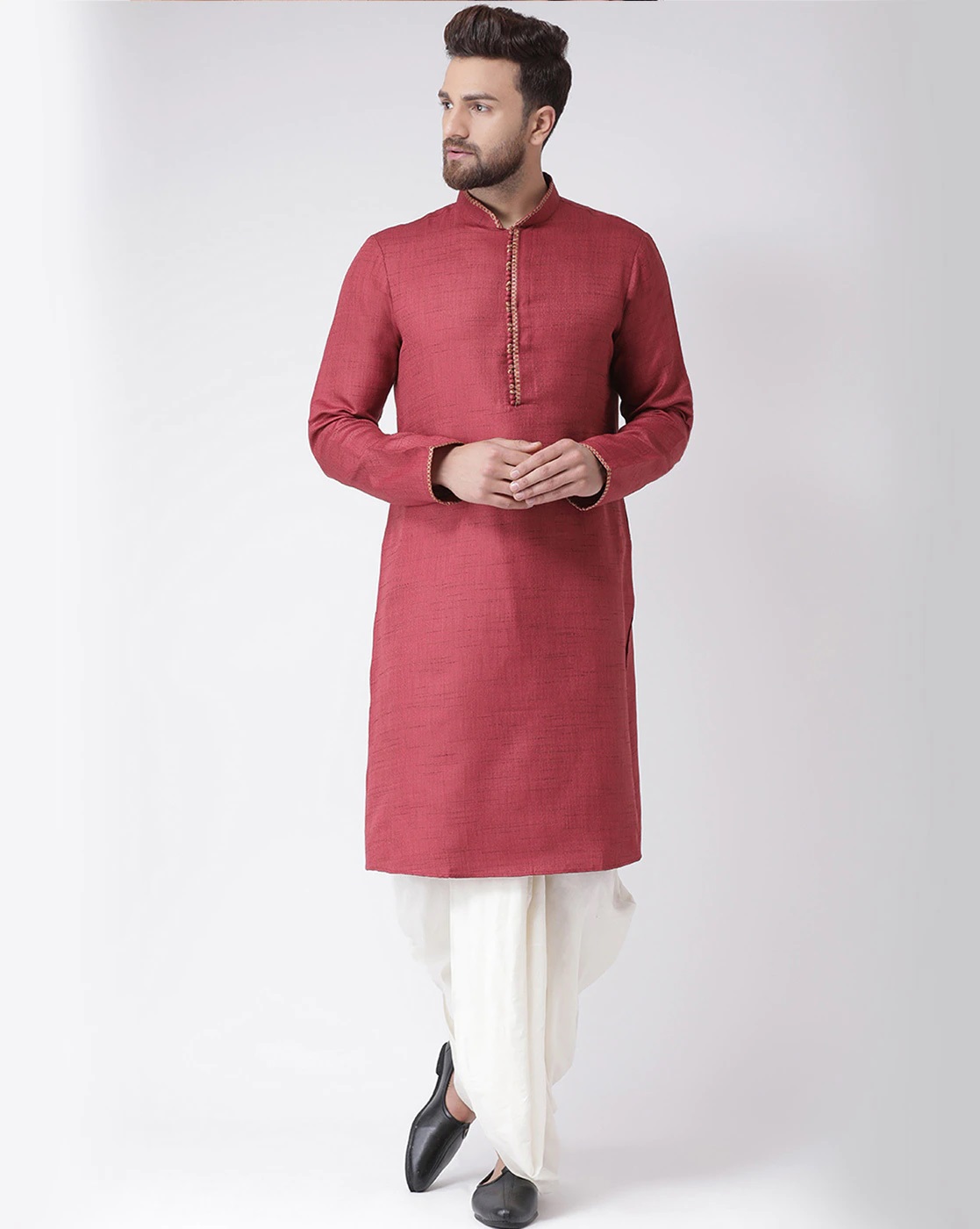 Chitwan Mohan Men Maroon Pleated Kurta with Dhoti Pants