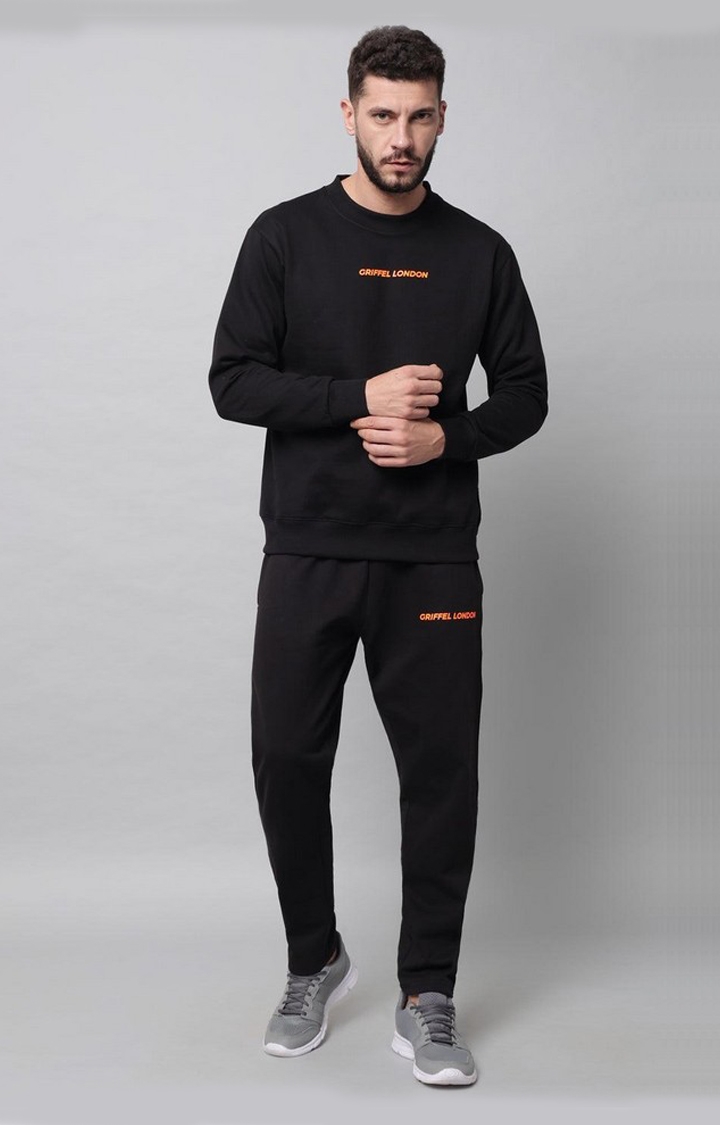 GRIFFEL | Men's Front Logo Solid Fleece Basic R-Neck Sweatshirt  and Joggers Full set Black Tracksuit