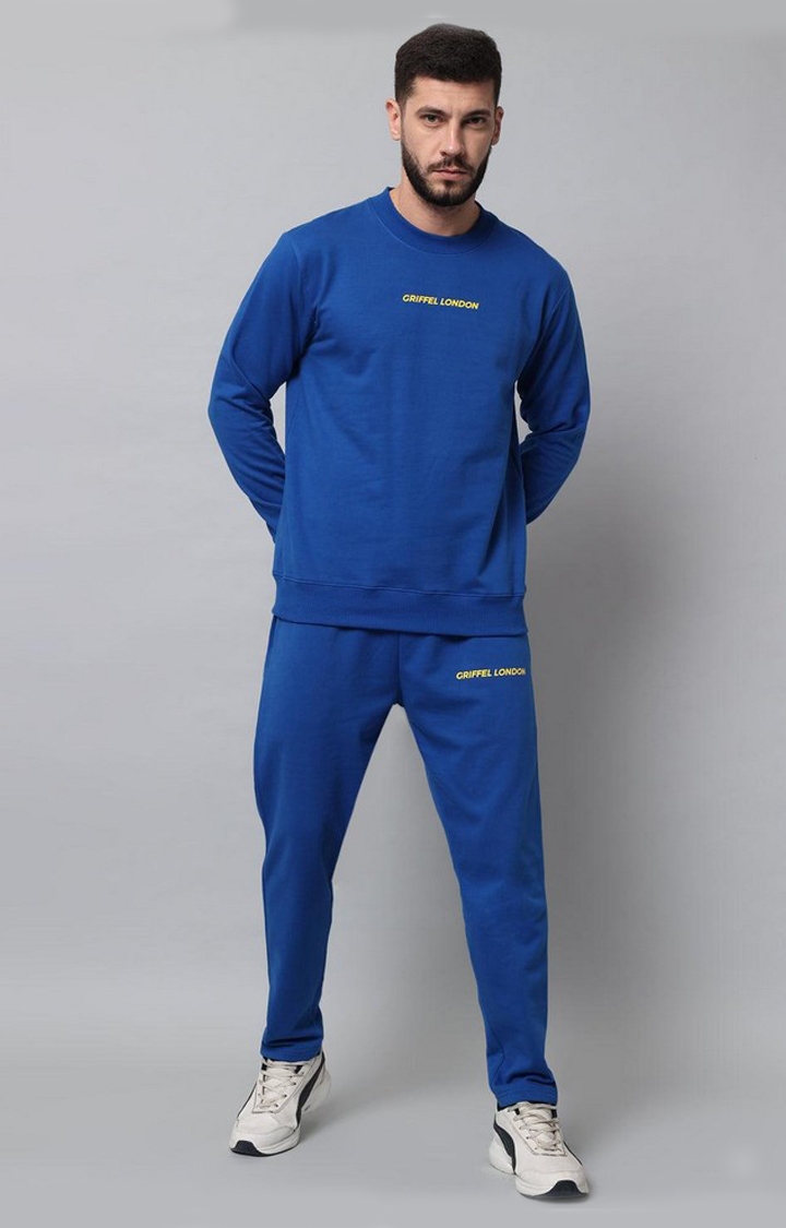 GRIFFEL | Men's Front Logo Solid Fleece Basic R-Neck Sweatshirt and Joggers Full set Royal Tracksuit