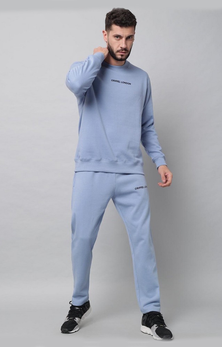 GRIFFEL | Men's Front Logo Solid Fleece Basic R-Neck Sweatshirt and Joggers Full set Sky Blue Tracksuit