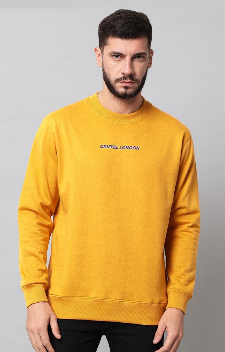 GRIFFEL | Men's Cotton Fleece Round Neck Mustard Sweatshirt with Full Sleeve and Front Logo Print