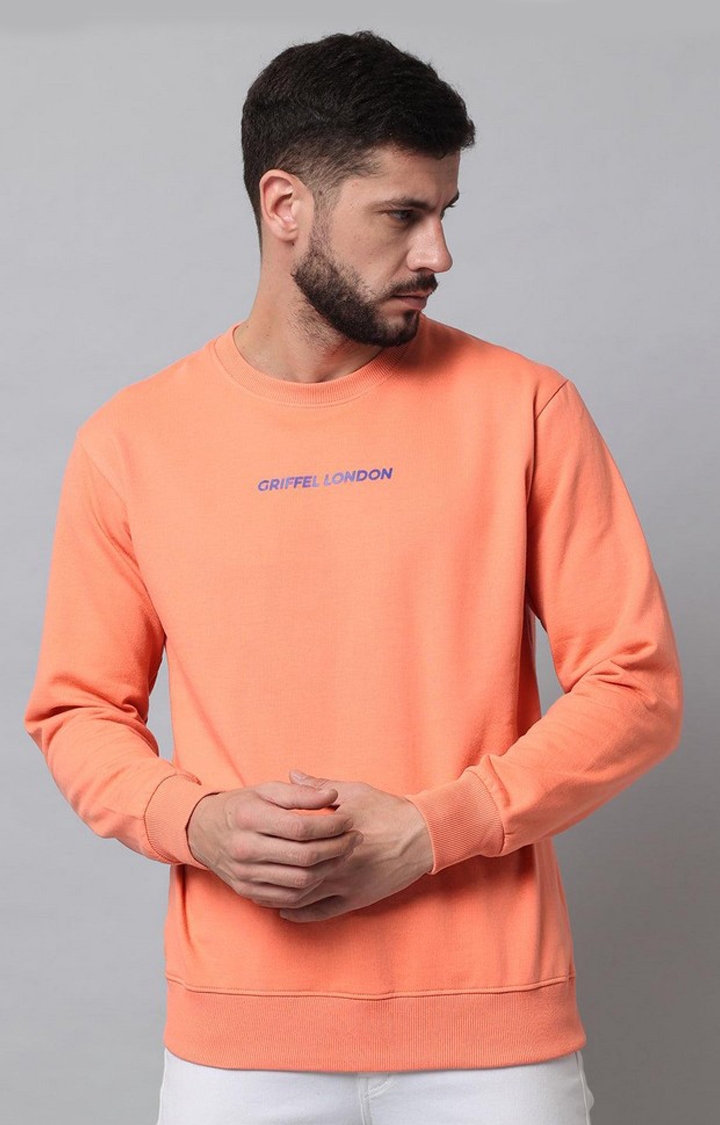 GRIFFEL | Men's Cotton Fleece Round Neck Peach Sweatshirt with Full Sleeve and Front Logo Print