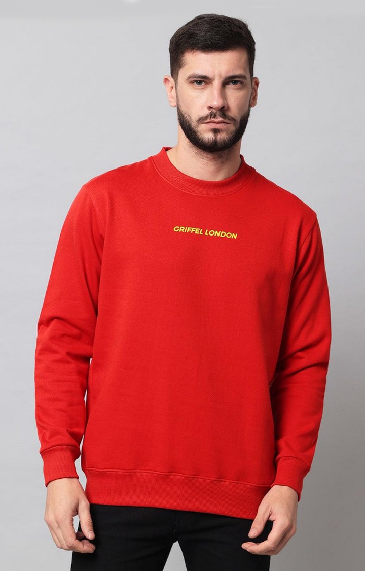 GRIFFEL | Men's Cotton Fleece Round Neck Red Sweatshirt with Full Sleeve and Front Logo Print