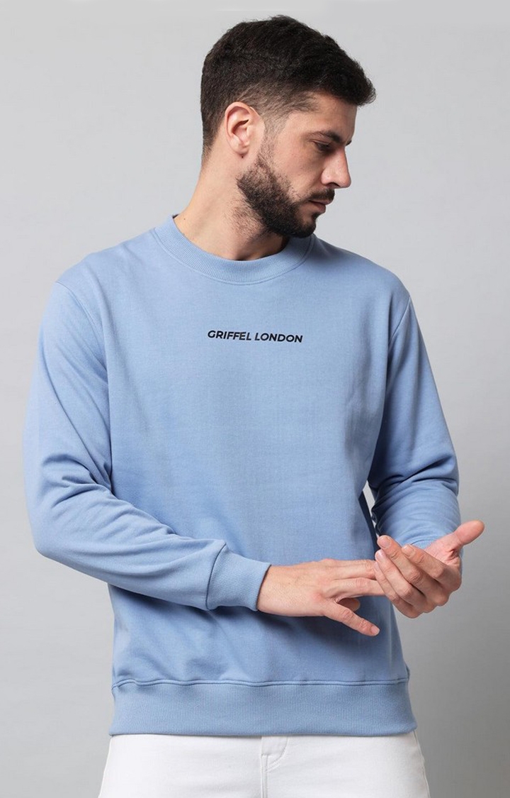 Men's Cotton Fleece Round Neck Sky Blue Sweatshirt with Full Sleeve and Front Logo Print