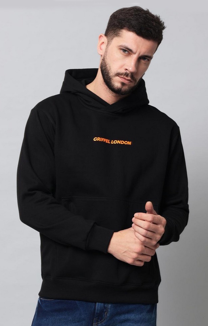 Men's Black Cotton Front Logo Fleece Hoody Sweatshirt with Full Sleeve
