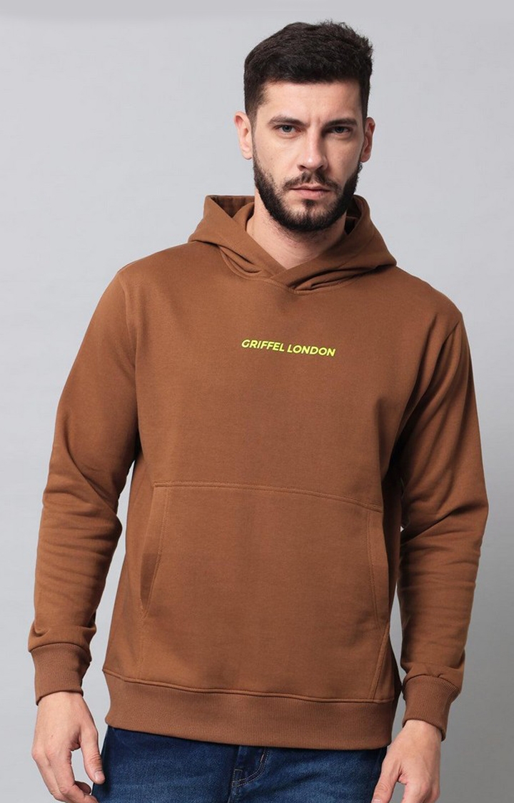 GRIFFEL | Men's Brown Cotton Front Logo Fleece Hoody Sweatshirt with Full Sleeve