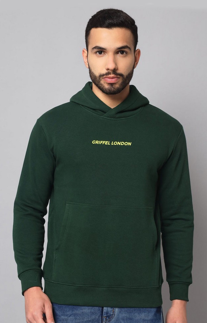 GRIFFEL | Men's Green Cotton Front Logo Fleece Hoody Sweatshirt with Full Sleeve
