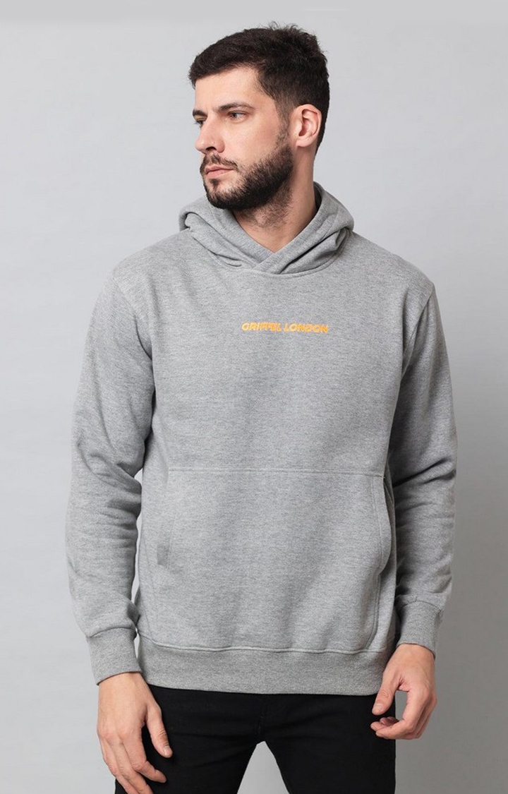 GRIFFEL | Men's Grey Cotton Front Logo Fleece Hoody Sweatshirt with Full Sleeve