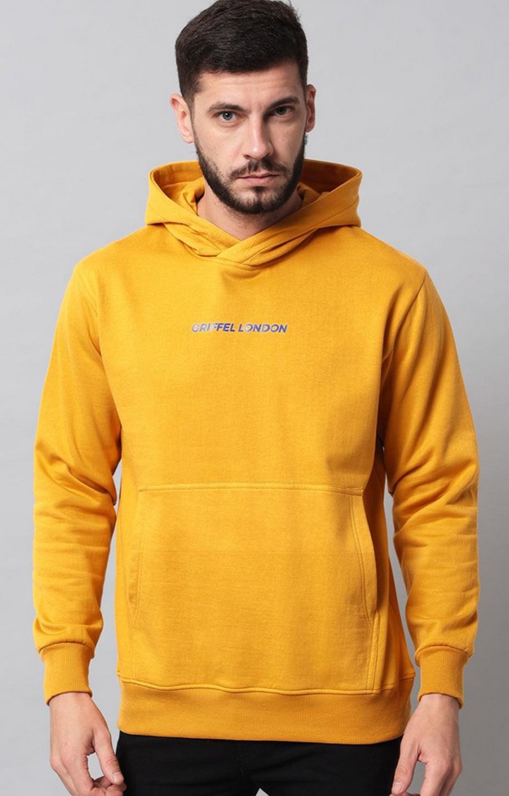 GRIFFEL | Men's Mustard Cotton Front Logo Fleece Hoody Sweatshirt with Full Sleeve