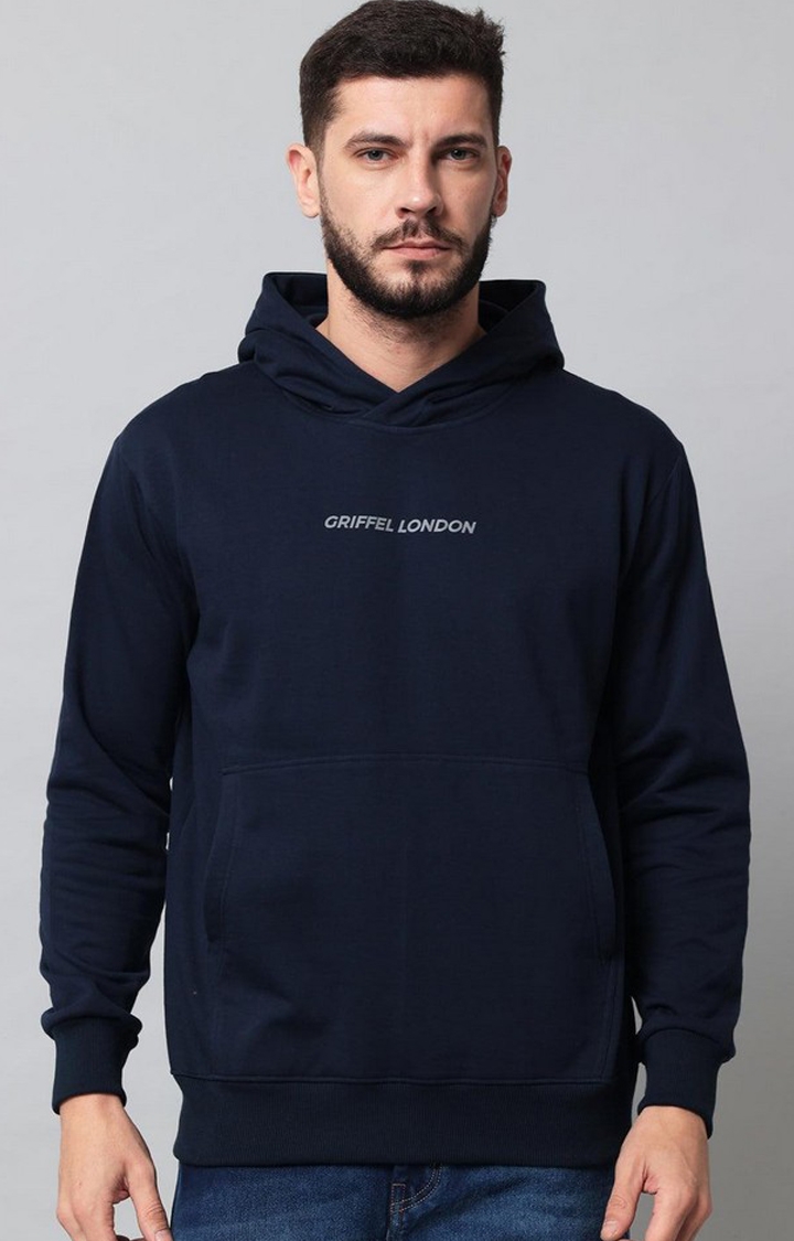 GRIFFEL | Men's Navy Cotton Front Logo Fleece Hoody Sweatshirt with Full Sleeve