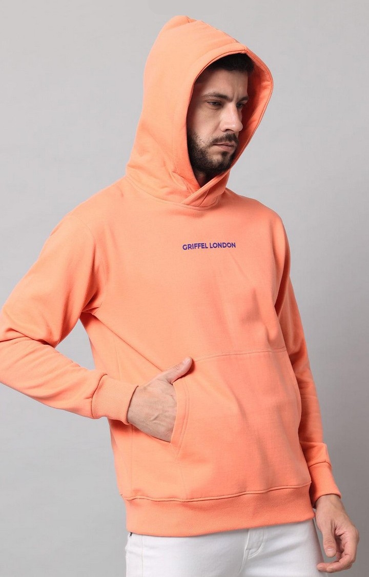 GRIFFEL | Men's Peach Cotton Front Logo Fleece Hoody Sweatshirt with Full Sleeve