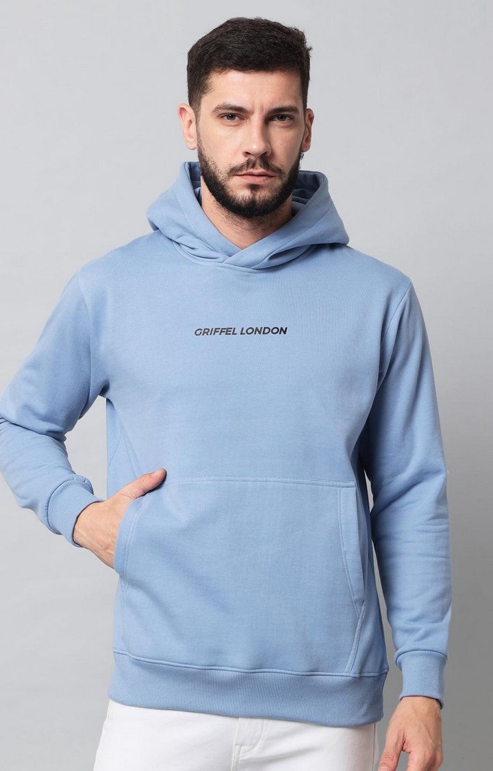 GRIFFEL | Men's Sky Blue Cotton Front Logo Fleece Hoody Sweatshirt with Full Sleeve