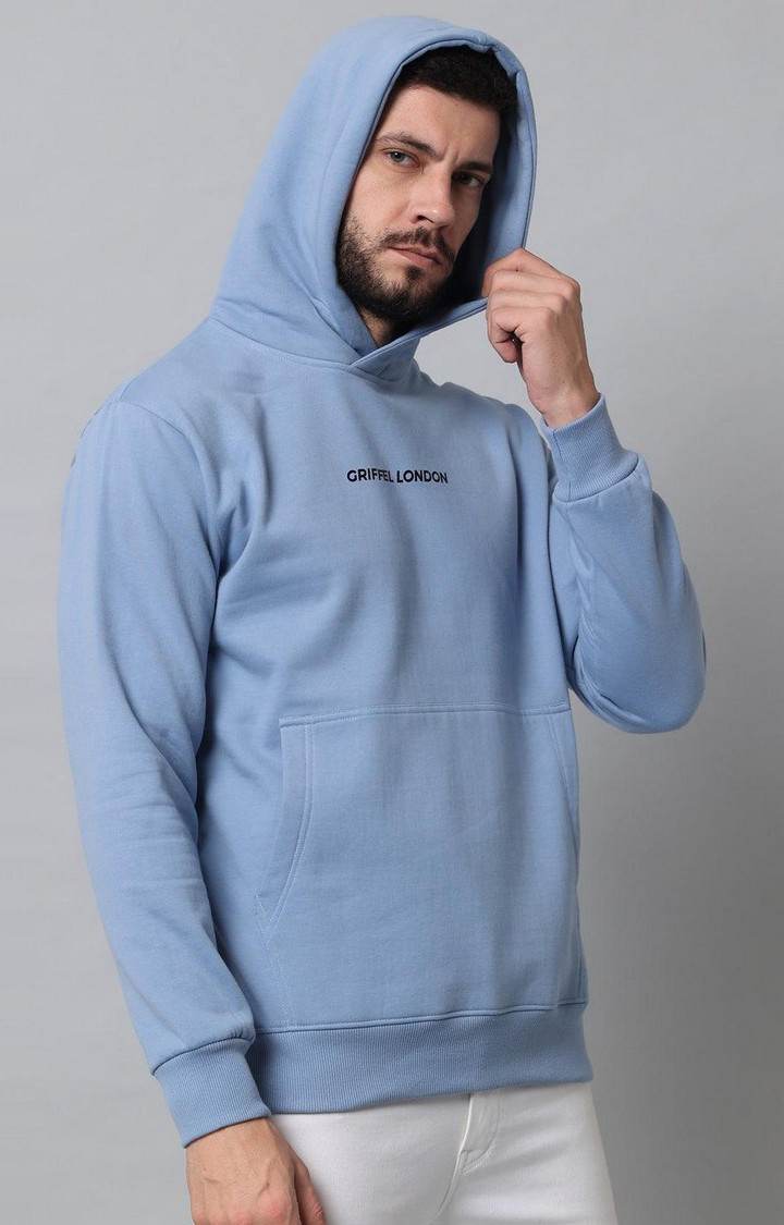 Men s Sky Blue Cotton Front Logo Fleece Hoody Sweatshirt with Full Sleeve GRIFFEL