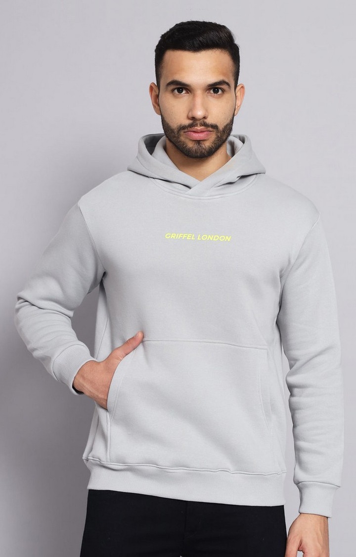 GRIFFEL | Men's Steel Grey Cotton Front Logo Fleece Hoody Sweatshirt with Full Sleeve