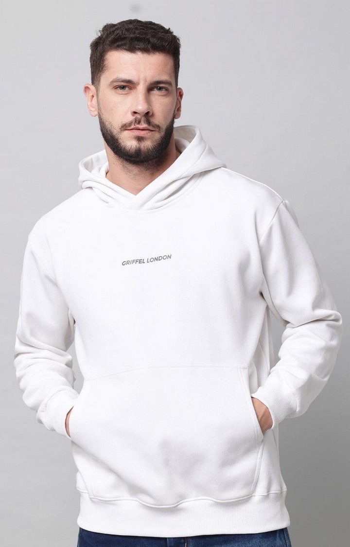 Men's White Cotton Front Logo Fleece Hoody Sweatshirt with Full Sleeve