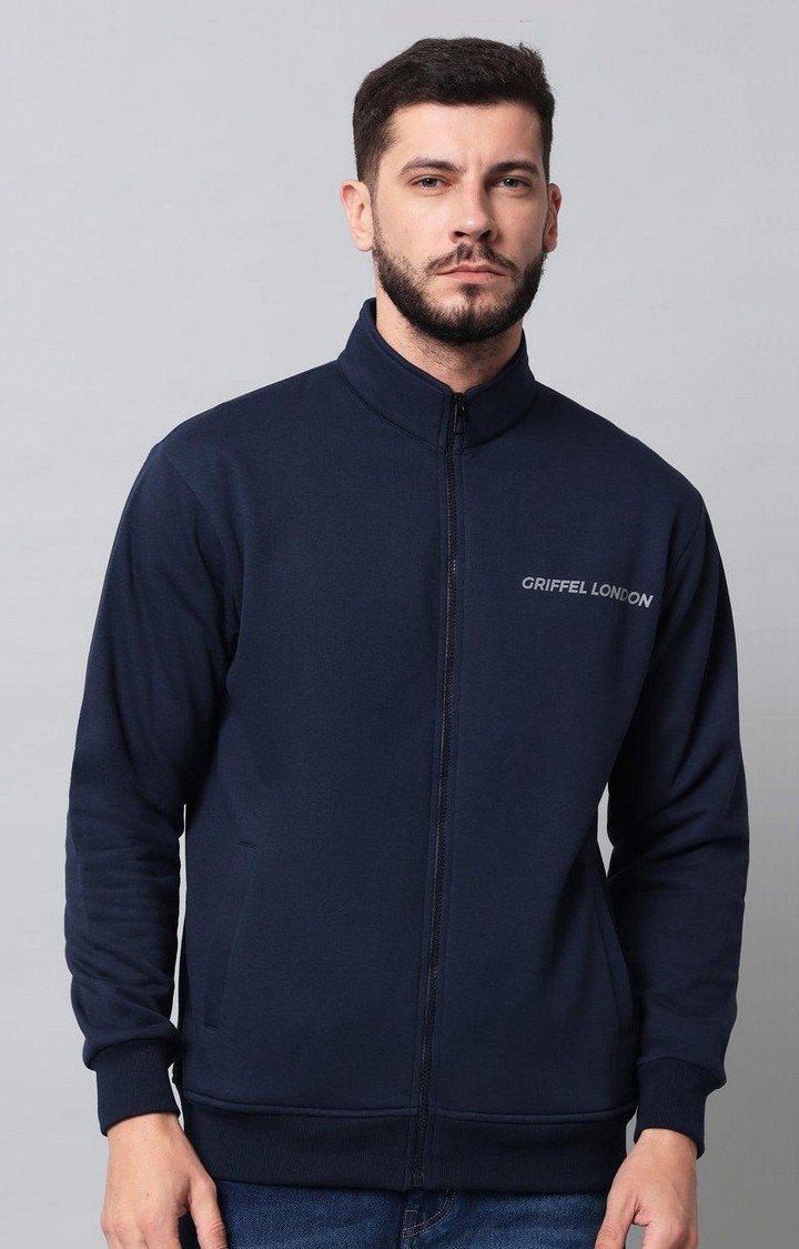 GRIFFEL | Men's Solid Fleece Zipper Stylish Navy Sweatshirt