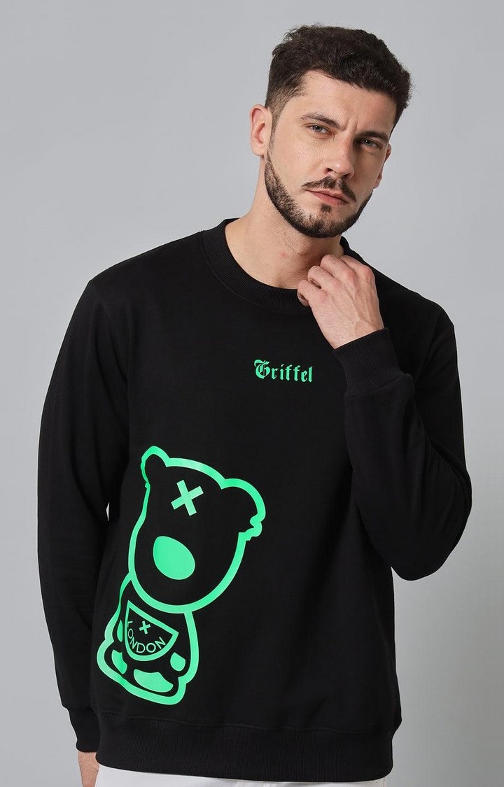 GRIFFEL | Men's Cotton Fleece Round Neck Black Green Sweatshirt with Full Sleeve and Teddy Logo Print