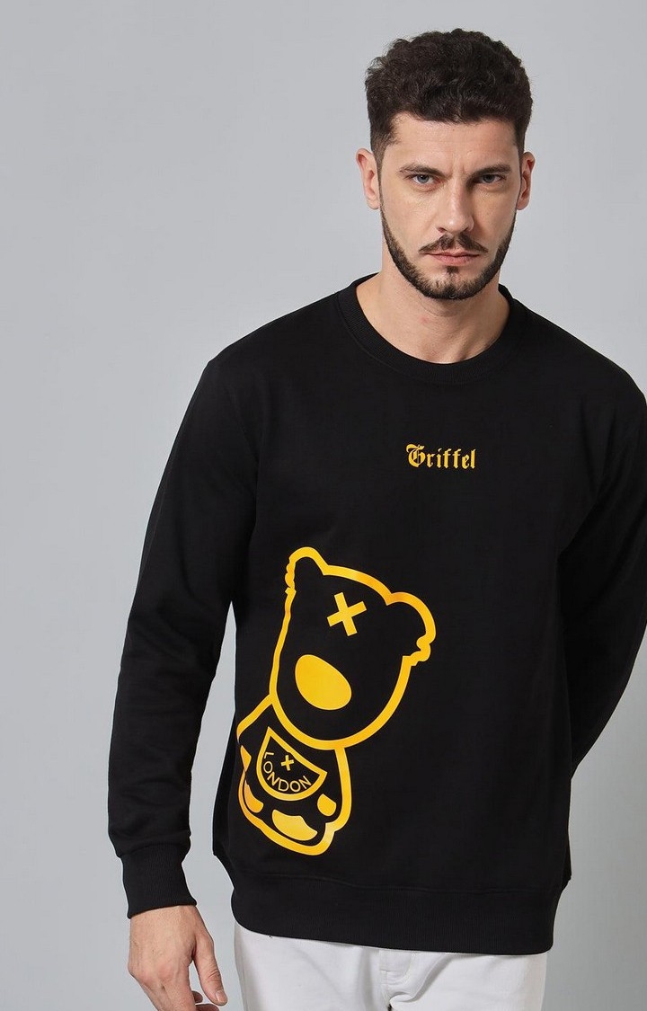 Men's Cotton Fleece Round Neck Black Sweatshirt with Full Sleeve and Teddy Logo Print