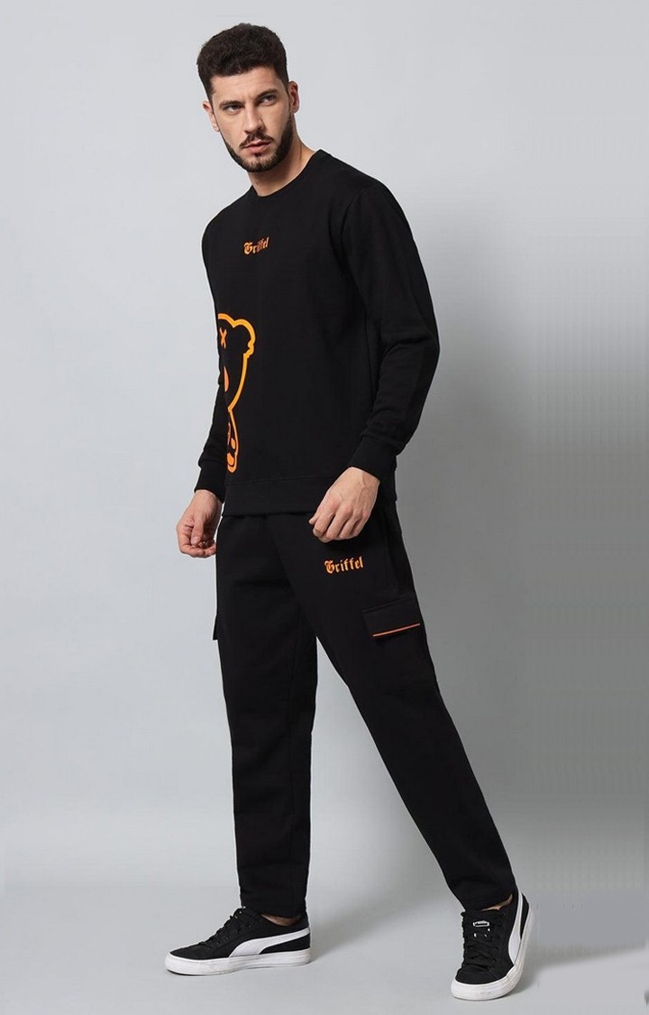 GRIFFEL | Men's Cotton Fleece Round Neck Black Orange Sweatshirt with Full Sleeve and Teddy Logo Print