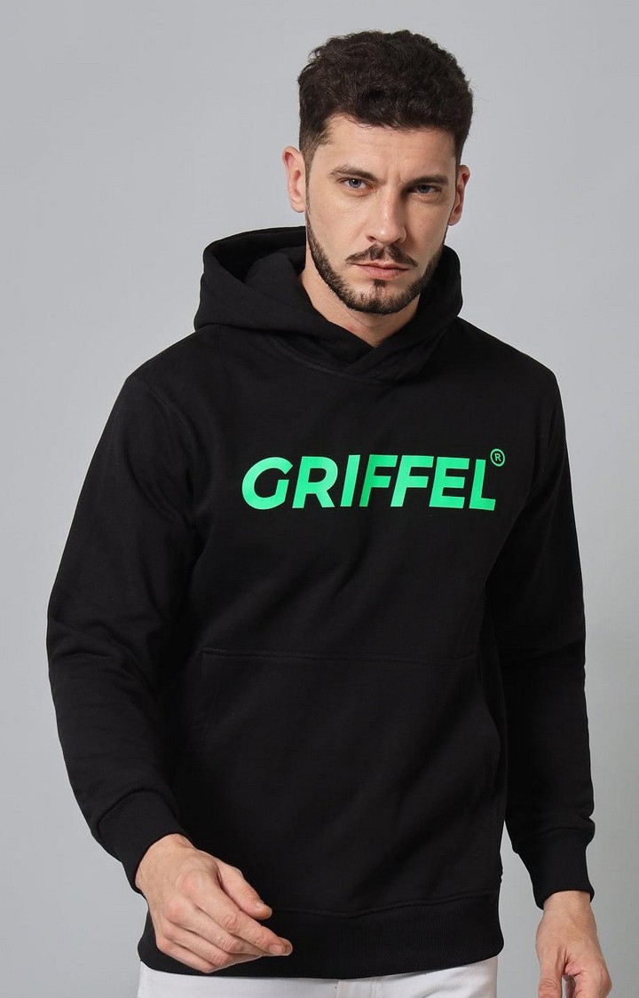 GRIFFEL | Men's Black Cotton Front Logo Fleece Hoody Sweatshirt with Full Sleeve