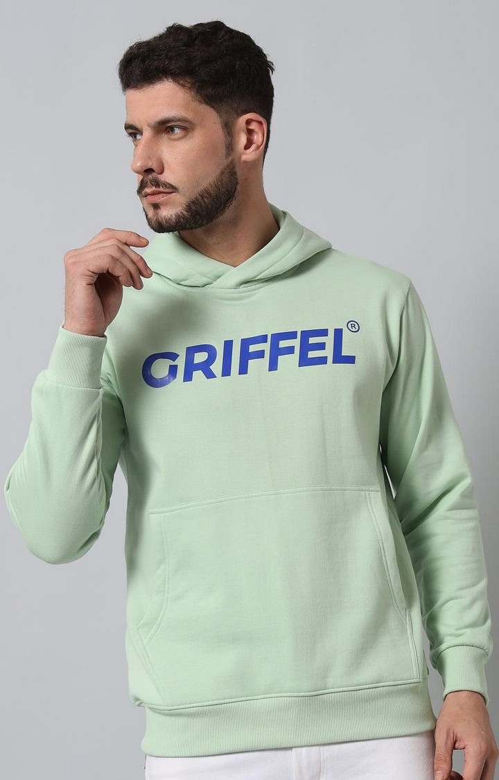 GRIFFEL | Men's Sea Green Cotton Front Logo Fleece Hoody Sweatshirt with Full Sleeve