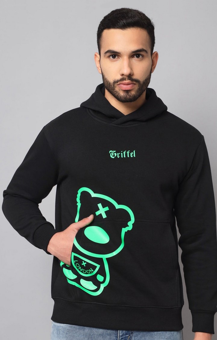 GRIFFEL | Men's Black Green Cotton Front Logo Fleece Hoody Sweatshirt with Full Sleeve
