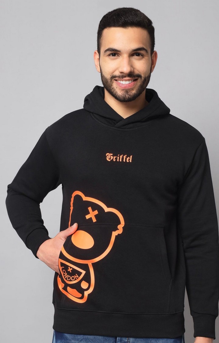 Men's Black Orange Cotton Front Logo Fleece Hoody Sweatshirt with Full Sleeve
