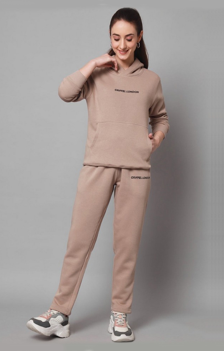 Women's Brown Cotton Solid Tracksuits