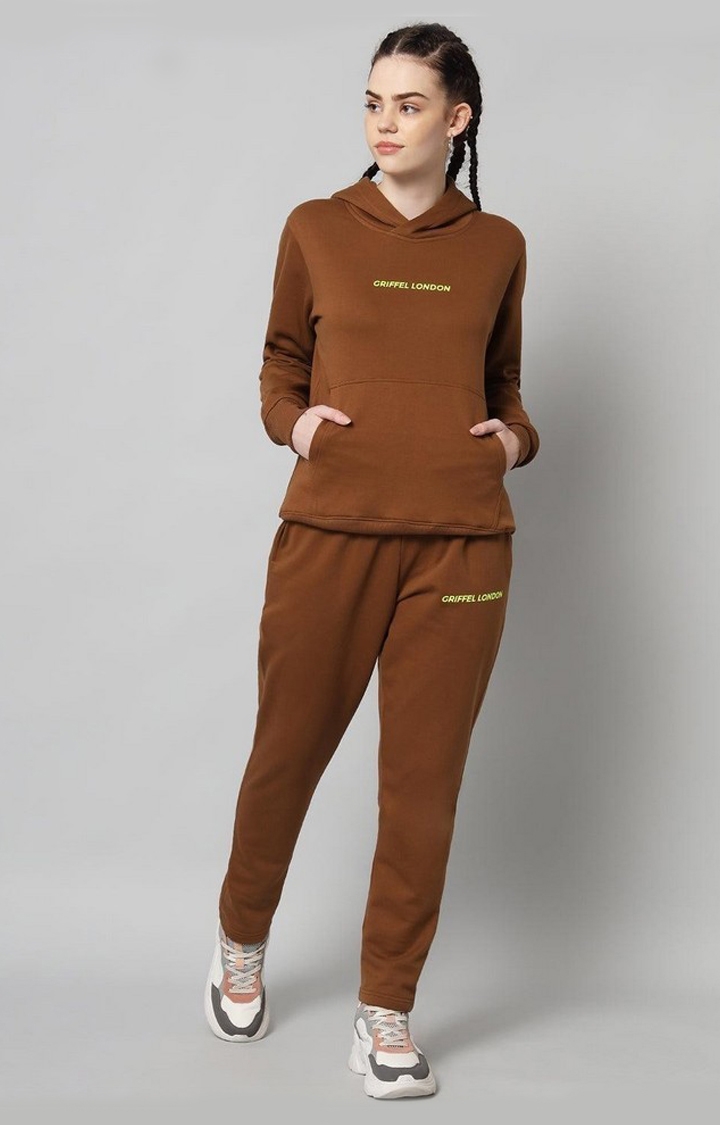 Women's Brown Cotton Solid Tracksuits