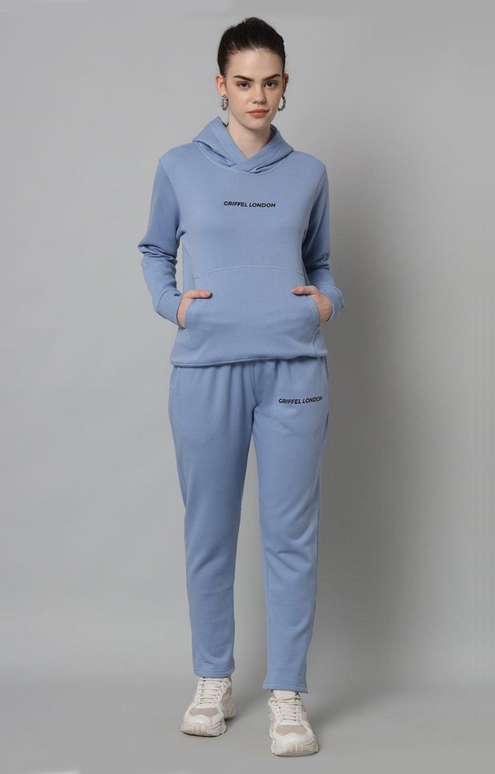 Women's Blue Cotton Solid Tracksuits