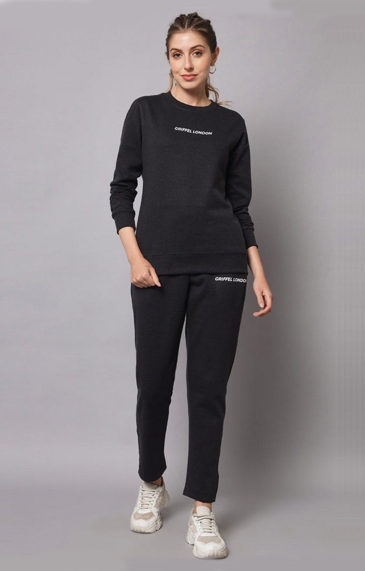 GRIFFEL | Women Solid Fleece Basic Round Neck Sweatshirt and Joggers Full set Anthra Tracksuit